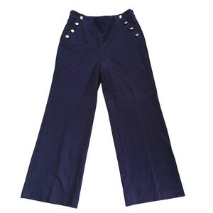 Talbots Sailor Wide Leg Pants Womens 10 Navy Blue Gold Buttons Side Zip
